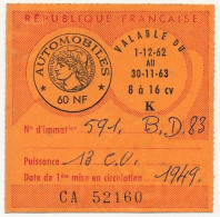 FRANCE - Vignette Automobile 1962/63 - 8 à16 Cv - K - 60NF - Cartas & Documentos