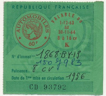 FRANCE - Vignette Automobile 1963/64 - 8 à16 Cv - K - 60F - Var - Covers & Documents