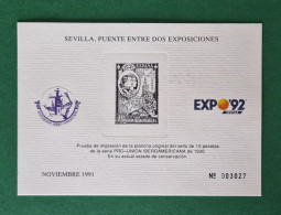 PRUEBA DE IMPRESION DE LA PLANCHA ORIGINAL DEL SELLO 10 PESETAS SERIE PRO-UNION IBEROAMERICANA. Edifil 580 Y 581 - Ensayos & Reimpresiones