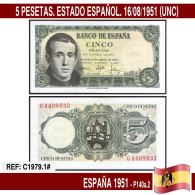 C1979.1# España 1951. 5 Pts. Estado Español (UNC) P-140a.2 - 5 Pesetas