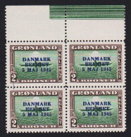 1945. GRØNLAND. DANMARK BEFRIET 5 MAJ 1945 Overprint. 2 Kr. Darkbrown/green Kayak.  BLUE Ove... (Michel 24 I) - JF536981 - Ungebraucht