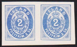 1873. ISLAND. 2 Skilling Blue. PAIR IMPERFORATED PROOF In Issued Color On Semi-card. Iss... (Michel 1A PROOF) - JF537015 - Ongebruikt