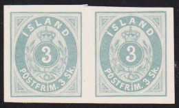 1873. ISLAND. 3 Skilling BLUISH Grey. PAIR IMPERFORATED PROOF On Semi-card. Issued Withou... (Michel 2 PROOF) - JF537016 - Nuovi