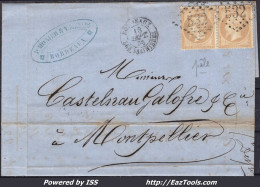 FRANCE N° 21x2 SUR LETTRE AVEC GC 532B BORDEAUX LES SALINIERES GIRONDE + CAD DU 18/09/1866 - 1862 Napoleon III