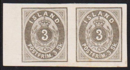 1873. ISLAND. 3 Skilling BLACK Grey. PAIR IMPERFORATED PROOF On Bond. Issued Without Gum.... (Michel 2 PROOF) - JF537017 - Nuevos