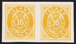 1873. ISLAND. 16 Skilling Yellow. PAIR IMPERFORATED PROOF In Issued Color On Semi-card. I... (Michel 5 PROOF) - JF537018 - Ungebraucht