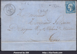 FRANCE N° 22 SUR LETTRE AVEC GC 210 AUBIN AVEYRON + CAD DU 02/03/1864 - 1862 Napoléon III