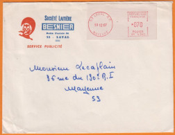 Lettre Pub Illustrée  " Société BESNIER  "  De LAVAL  Pour  MAYENNE Le 19 12 1967 Avec Vignette EMA 070 SR 4341 - Cartas & Documentos
