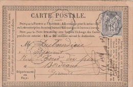 Yvert 77 Sage Carte Précurseur Cachet Convoyeur Ambulant AGEN à BORDEAUX  Pour Bordeaux - Precursor Cards