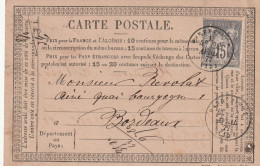 Yvert 77 Sage Carte Précurseur BARBEZIEUX Charente 22/4/1877 Pour Bordeaux - 2 Trous Punaise - Vorläufer