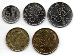 NAMIBIA, Set Of Five Coins 5, 10, 50 Cents, 1, 5 Dollars, Nickel, Brass, Year 1993-98, KM # 1, 2, 3, 4, 5 - Namibia