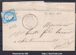 FRANCE N° 60A SUR LETTRE AVEC GC 4567 ABILLY INDRE ET LOIR + CAD DU 20/10/1874 - 1871-1875 Cérès