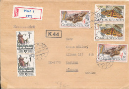 Czechoslovakia Registered Cover Sent To Denmark Plzen 11-12-1989 Topic Stamps BUTTERFLIES - Briefe U. Dokumente