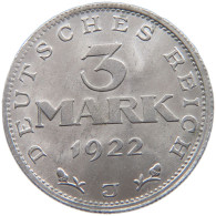 GERMANY 3 MARK 1922 J #c016 0621 - 3 Mark & 3 Reichsmark