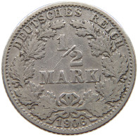 GERMANY EMPIRE 1/2 MARK 1906 G #a069 0213 - 1/2 Mark