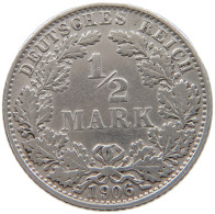 GERMANY EMPIRE 1/2 MARK 1906 E #a073 0483 - 1/2 Mark