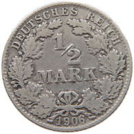 GERMANY EMPIRE 1/2 MARK 1906 D #a069 0233 - 1/2 Mark