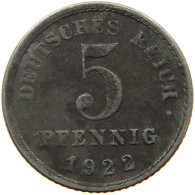 GERMANY WEIMAR 5 PFENNIG 1922 E #a086 0315 - 5 Renten- & 5 Reichspfennig