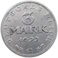 GERMANY WEIMAR 3 MARK 1922 G #a021 1095 - 3 Mark & 3 Reichsmark