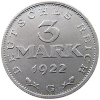 GERMANY WEIMAR 3 MARK 1922 G #a021 1091 - 3 Mark & 3 Reichsmark