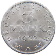 GERMANY WEIMAR 3 MARK 1922 A TOP #a036 0427 - 3 Mark & 3 Reichsmark