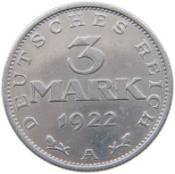 GERMANY WEIMAR 3 MARK 1922 A TOP #a036 0425 - 3 Mark & 3 Reichsmark