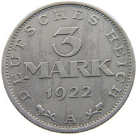 GERMANY WEIMAR 3 MARK 1922 A #a051 0463 - 3 Mark & 3 Reichsmark