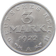 GERMANY WEIMAR 3 MARK 1922 A #a021 1087 - 3 Mark & 3 Reichsmark