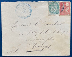 Lettre Mixte MOUCHON/ BLANC N°111 & 112 Oblitérés Dateur à Tirets Bleu !! De " MARLY LA VILLE " SEINE & OISE Pour TROYES - 1900-02 Mouchon