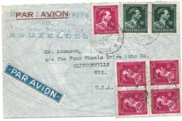 BELGIQUE 1FR50 BLOC DE 4+1+5FR PAIRE LETTRE COVER AVION BRUXELLES 28.5.1946 TO USA - Cartas & Documentos