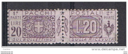 REGNO: 1914/22  P.P. CON  NASTRO  -  £. 20  VIOLA  BRUNO  S.G. -  SASS. 19 - Colis-postaux