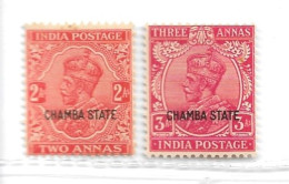 INDIA - CHAMBA 1935 2a, 3a SG 78, 80 UNMOUNTED MINT - Chamba