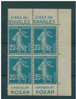 !!! 25C SEMEUSE : BLOC DE 4 AVEC BANDES PUBS  ANNALES - ROZAN NEUF */** - Unused Stamps