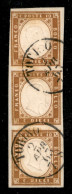 Antichi Stati Italiani - Sardegna - 1862 - 10 Cent (14Dg) - Striscia Verticale Di Tre Usata - Sorani (400) - Autres & Non Classés