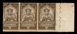 Regno - Vittorio Emanuele III - 1921 - Striscia Di Tre Del 40 Cent (118 Varietà Ub) Non Dentellata Verticalmente E A Sin - Andere & Zonder Classificatie
