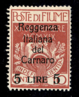 Occupazioni I Guerra Mondiale - Fiume - 1920 - 5 Lire Su 10 Cent (145) - Gomma Originale - Ben Centrato (300+) - Altri & Non Classificati