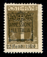 Occupazioni I Guerra Mondiale - Fiume - 1924 - 5 Lire Annessione (225A - Bistro Oliva) - Gomma Originale - Cert. AG - Andere & Zonder Classificatie