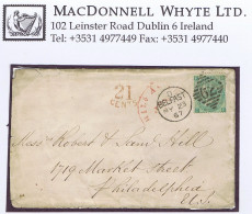 Ireland Belfast Transatlantic 1865 Emblems 1s Plate 4 On Cover BELFAST/62 To Philadelphia With Bank Draft - Entiers Postaux