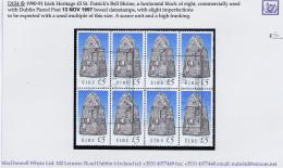 Ireland 1990-91 Heritage £5 St. Patrick's Bell, A Used Block Of 8, Boxed Dublin Parcel Post Datestamp - Oblitérés