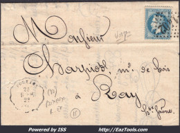 FRANCE N°29A SUR LETTRE CACHET CONVOYEUR DE STATION POUXEUX LIGNE 209 R.EP - 1863-1870 Napoléon III. Laure