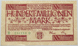 GERMANY 100 MILLIONEN MARK 1923 HESSEN #alb004 0271 - 100 Miljoen Mark