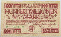 GERMANY 100 MILLIONEN MARK 1923 HESSEN #alb004 0141 - 100 Miljoen Mark