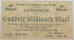 GERMANY 100 MILLIONEN MARK 1923 FRANKFURT #alb004 0353 - 100 Miljoen Mark