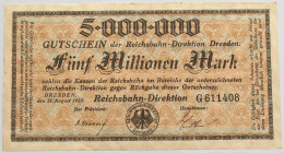 GERMANY 5 MILLIONEN MARK 1923 REICHSBAHN DRESDEN #alb012 0085 - 5 Mio. Mark