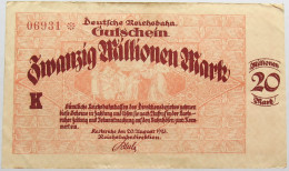 GERMANY 20 MILLIONEN MARK 1923 REICHSBAHN #alb004 0461 - 20 Miljoen Mark