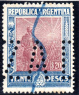 ARGENTINA 1912 - The Scarce 20 Pesos Labrador With Vertical Honeycombs Watermark, Punched - Usati
