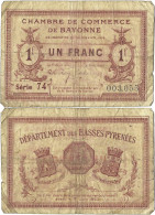 France - BILLET - Chambre De Commerce De BAYONNE - UN FRANC - 1918 - JP.021.59 - 15-227 - Bonds & Basic Needs
