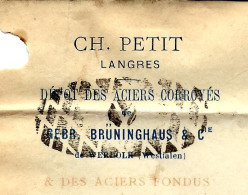 1872  ENTETE CH. PETIT à Langres Haute Marne  Aciers Corroyés De Gebr. Bruninghaus   Werdolr Allemagne > Matton Ardennes - 1800 – 1899