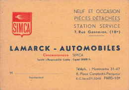 Paris 18ème * LAMARCK Automobiles Concessionnaire SIMCA 8 Place Constantin Pecqueur * Carte De Visite Ancienne - District 18