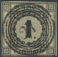 BADEN 1a O, 1851, 1 Kr. Schwarz Auf Sämisch, Zentrischer Nummernstempel 27, Untere Linke Ecke Etwas Hell Sonst Vollrandi - Oblitérés